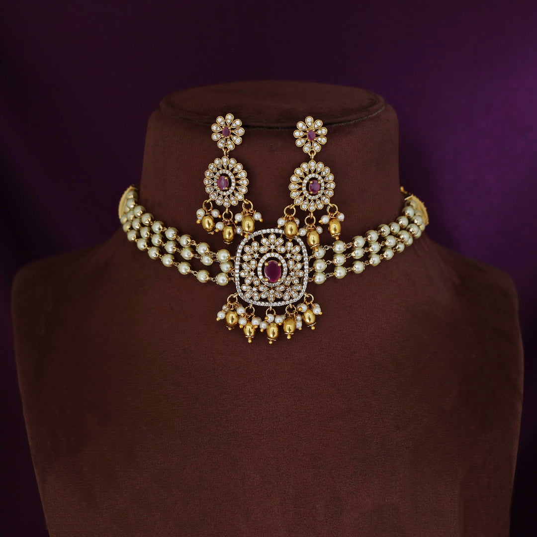 3 Layer Pearl Choker With Earring