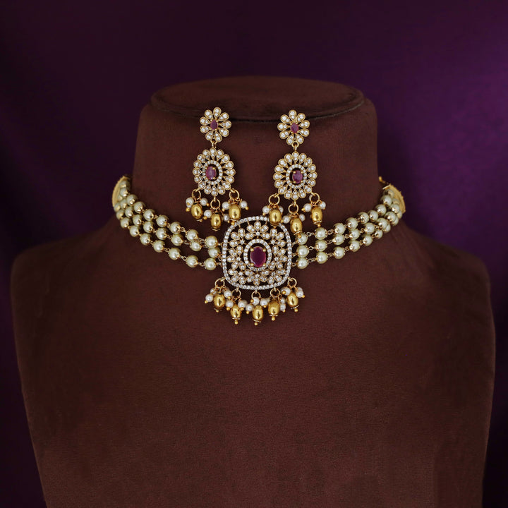 3 Layer Pearl Choker With Earring