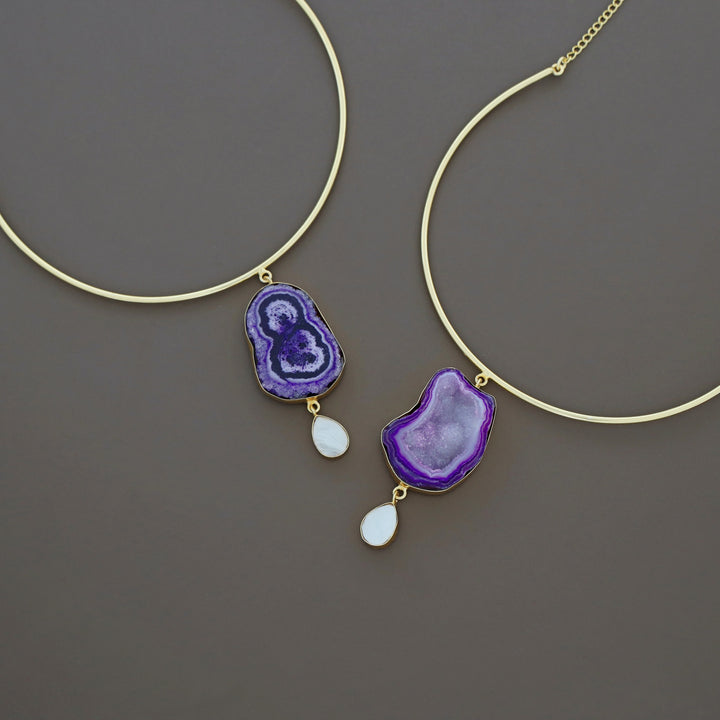 Golden Neck Cuff With Agate + Mop Pendant