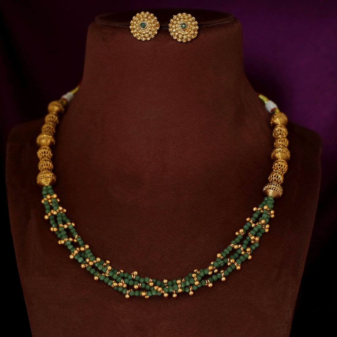 Ishita Golden Ball 3 Layer Beaded Neckpiece With Earring