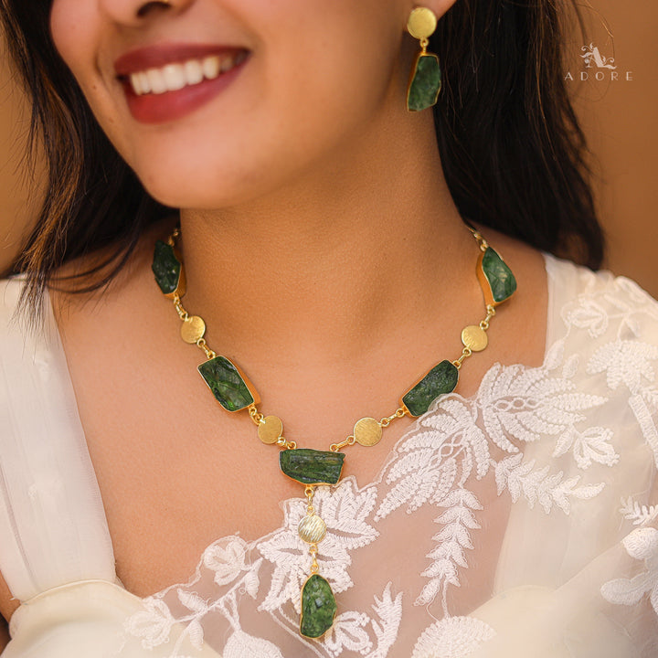 Golden Textured Circle + Dyed Stone Neckpiece With Earring