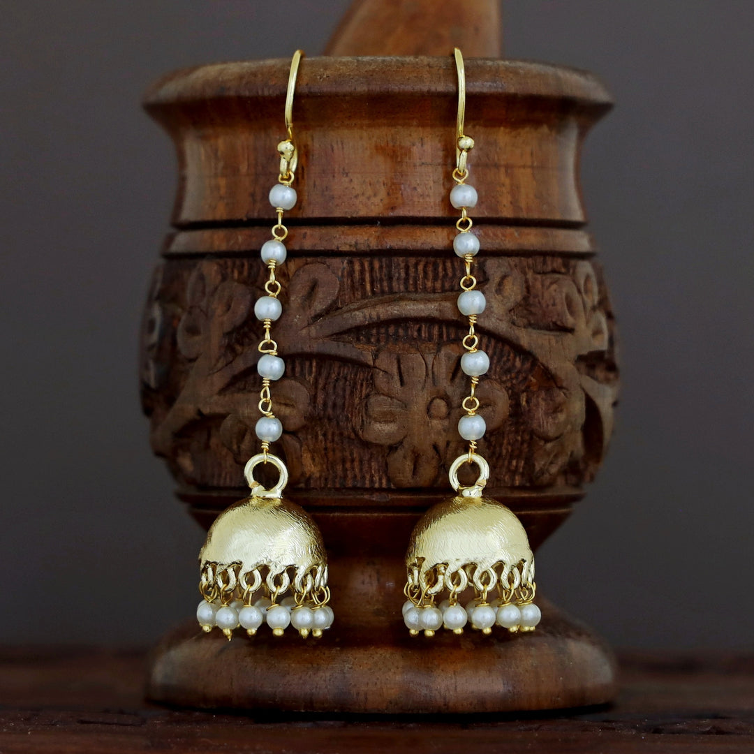 Golden Long Pearl Hanging Drop Jhumka