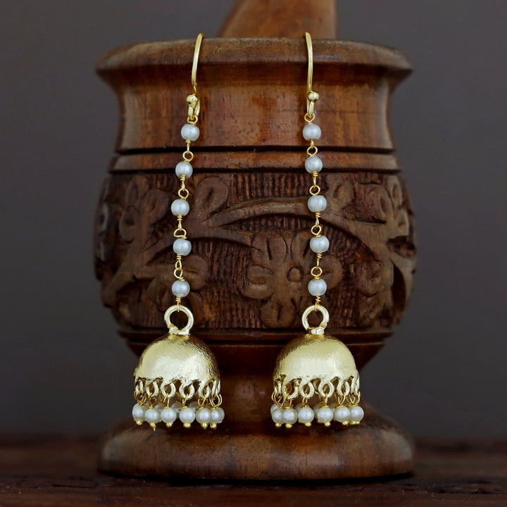 Golden Long Pearl Hanging Drop Jhumka