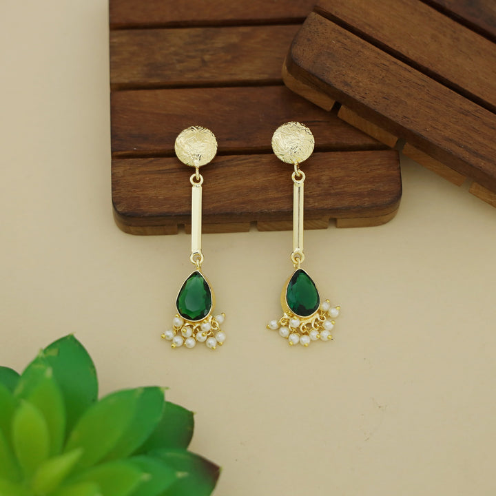 Golden Circle Pendulum Drop Glossy Stone Pearl Earring