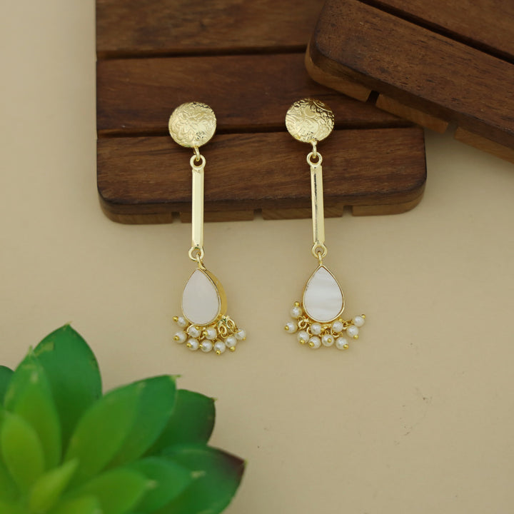 Golden Circle Pendulum Drop Glossy Stone Pearl Earring