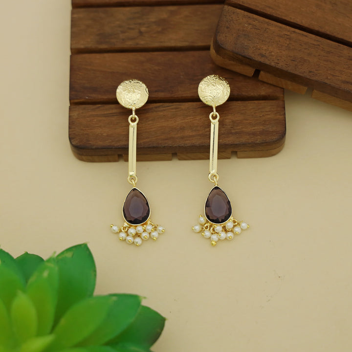 Golden Circle Pendulum Drop Glossy Stone Pearl Earring