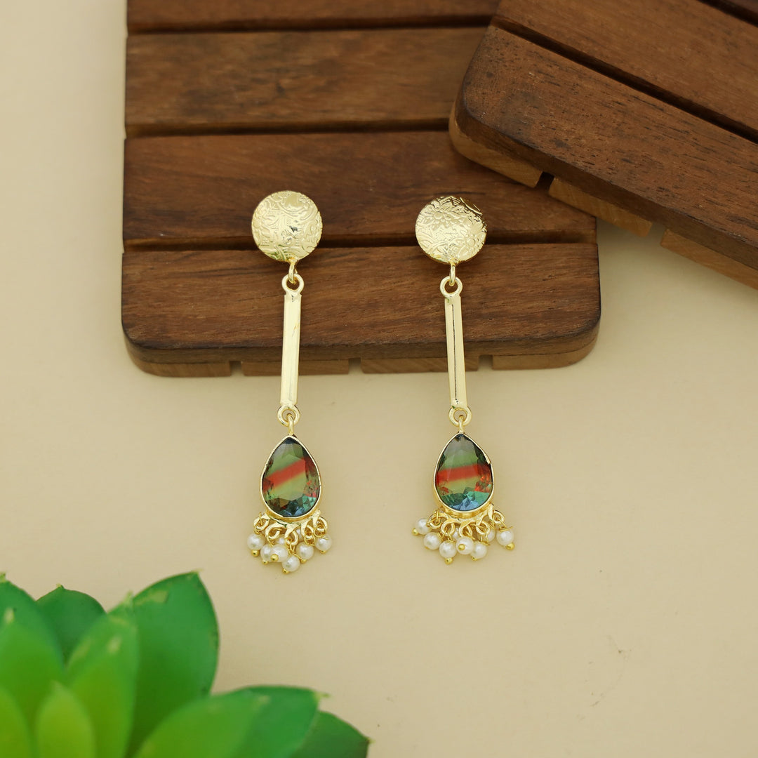 Golden Circle Pendulum Drop Glossy Stone Pearl Earring