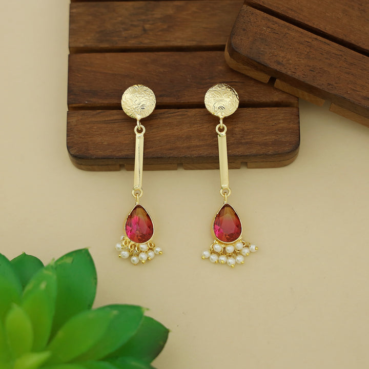 Golden Circle Pendulum Drop Glossy Stone Pearl Earring