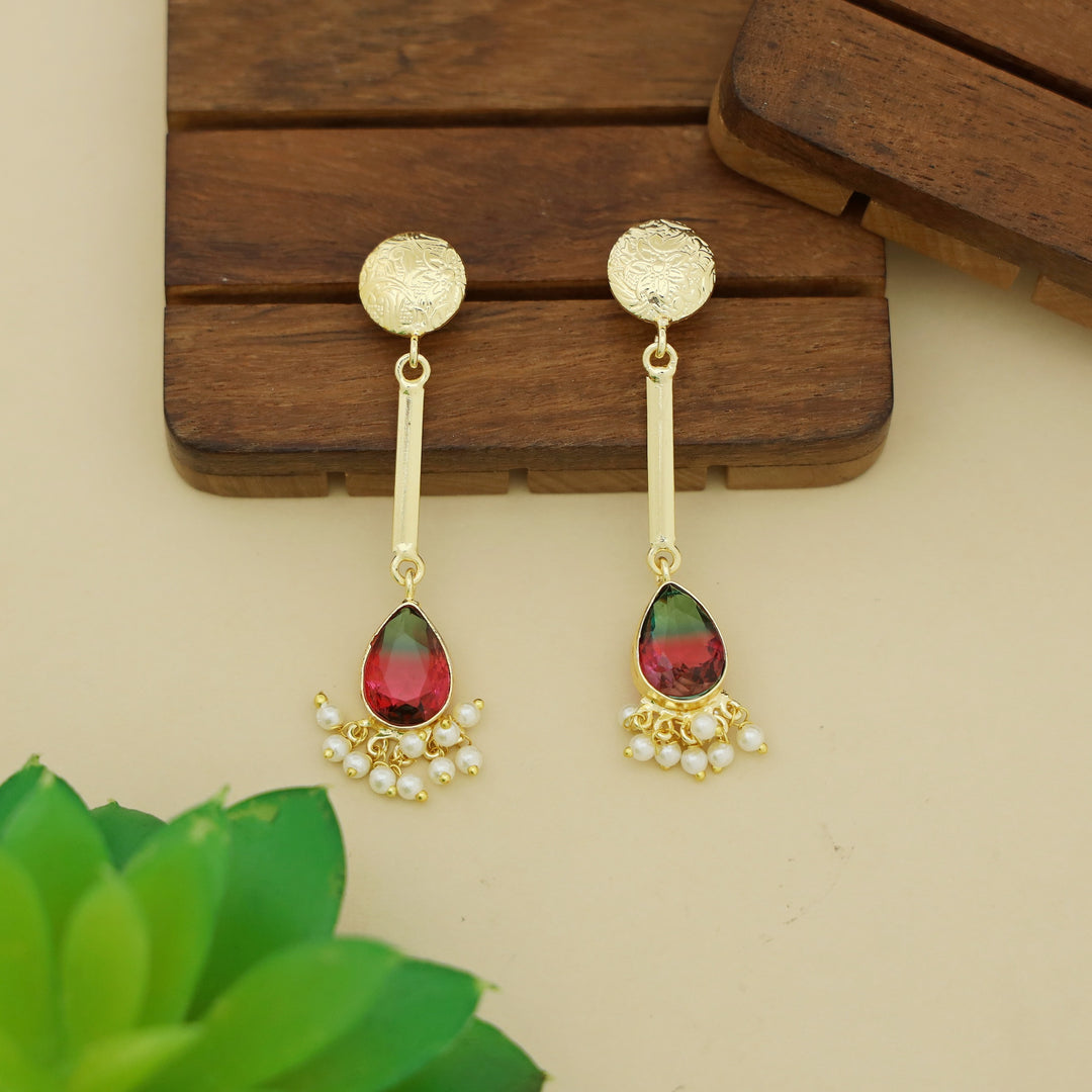 Golden Circle Pendulum Drop Glossy Stone Pearl Earring