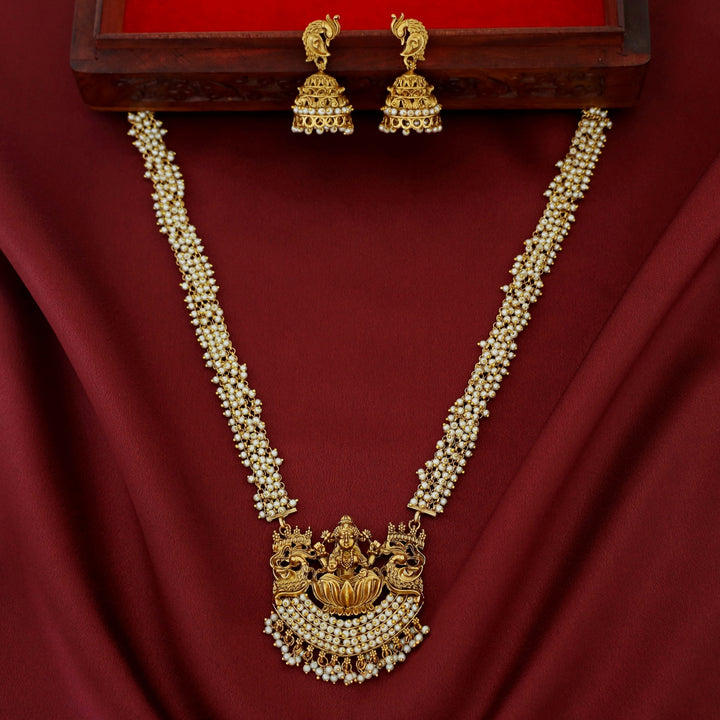 Takshika Devi Mayura Cluster Pearl Long Haram Neckpiece With Earring