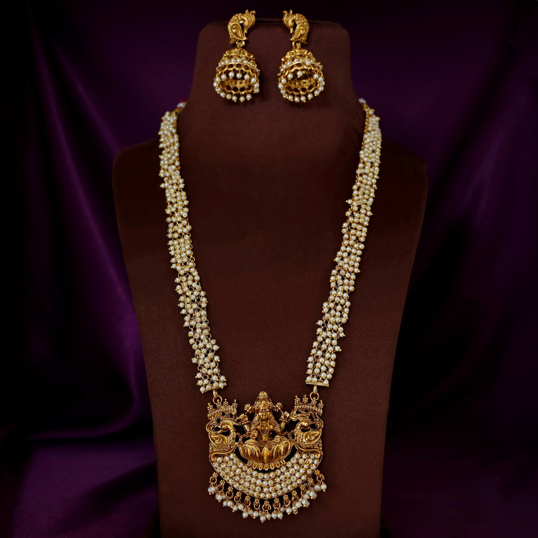 Takshika Devi Mayura Cluster Pearl Long Haram Neckpiece With Earring