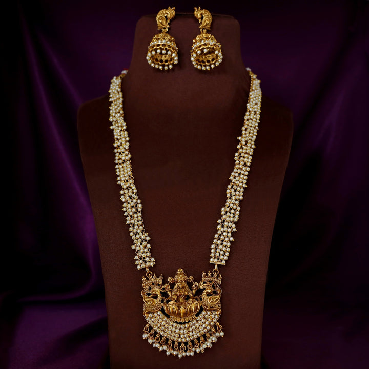 Takshika Devi Mayura Cluster Pearl Long Haram Neckpiece With Earring