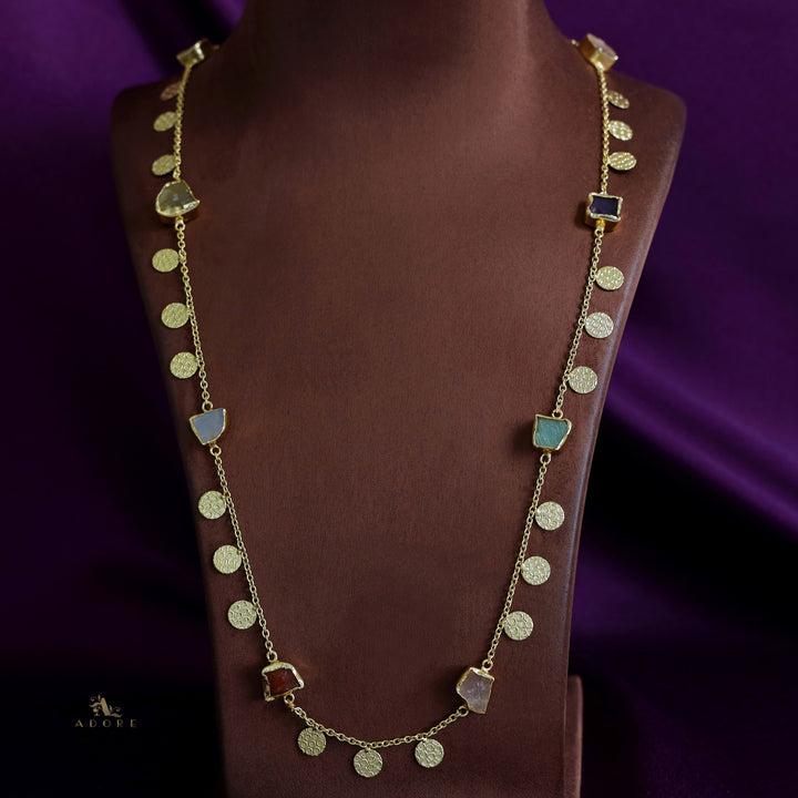 Multicolour Raw Stone + Golden Textured Coin Long Neckpiece