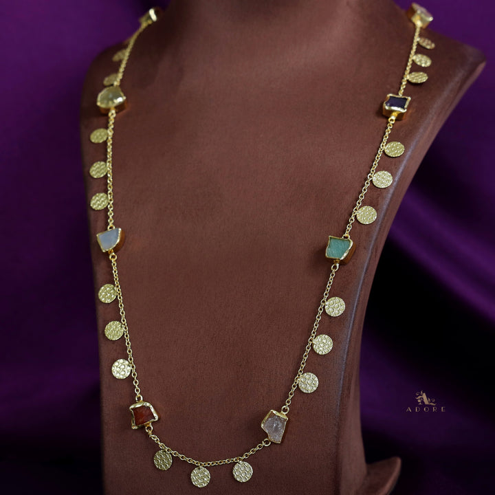 Multicolour Raw Stone + Golden Textured Coin Long Neckpiece