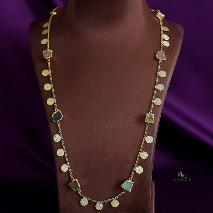 Multicolour Raw Stone + Golden Textured Coin Long Neckpiece