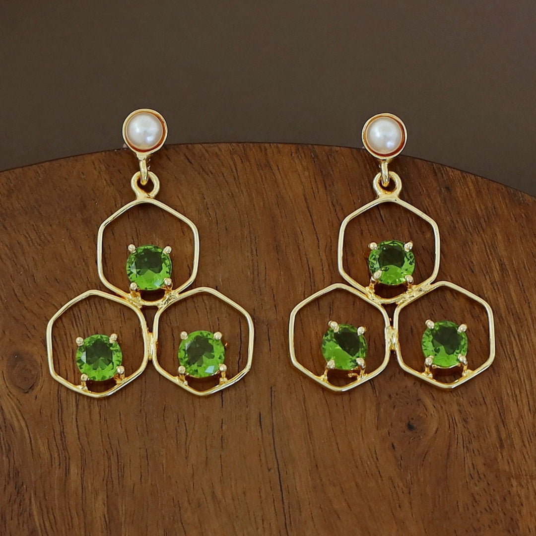 Golden Tri Hexagon Glossy Pearl Earring