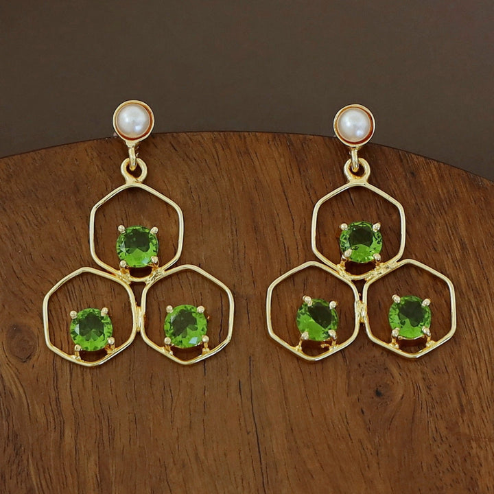 Golden Tri Hexagon Glossy Pearl Earring