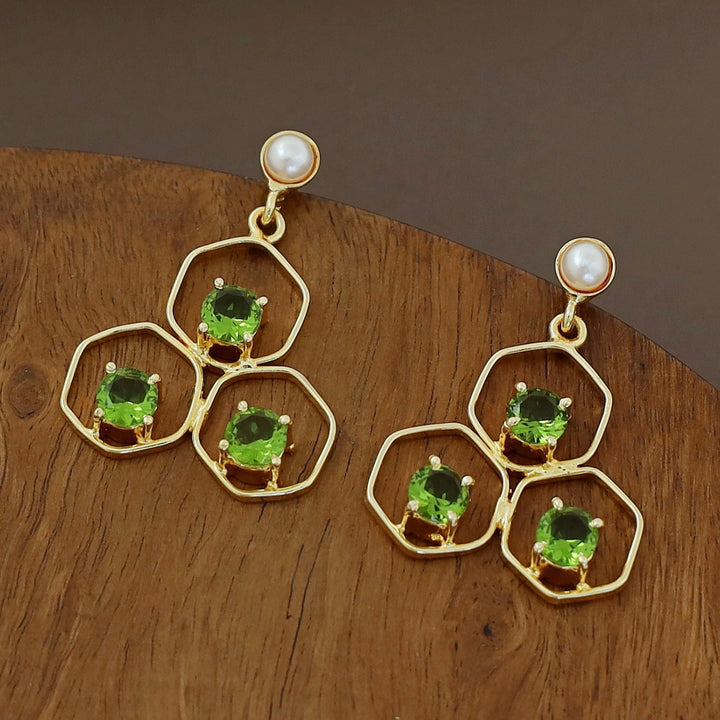 Golden Tri Hexagon Glossy Pearl Earring