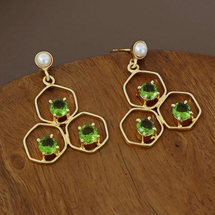 Golden Tri Hexagon Glossy Pearl Earring