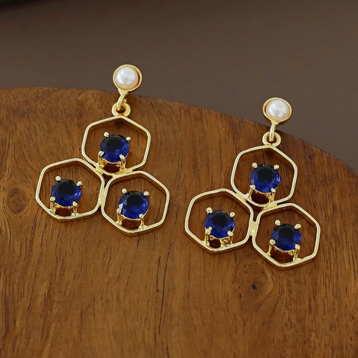 Golden Tri Hexagon Glossy Pearl Earring