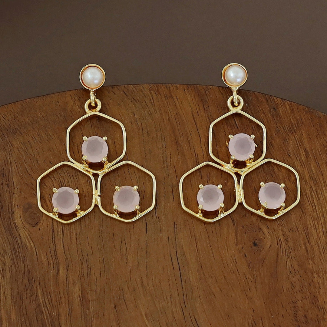 Golden Tri Hexagon Glossy Pearl Earring