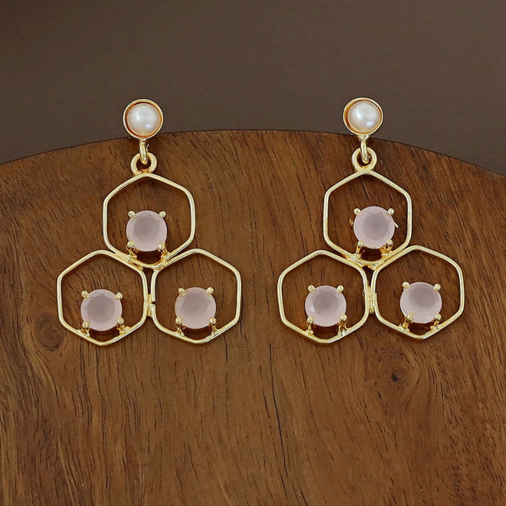 Golden Tri Hexagon Glossy Pearl Earring