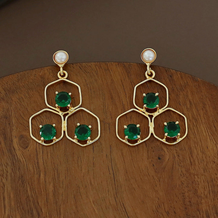 Golden Tri Hexagon Glossy Pearl Earring