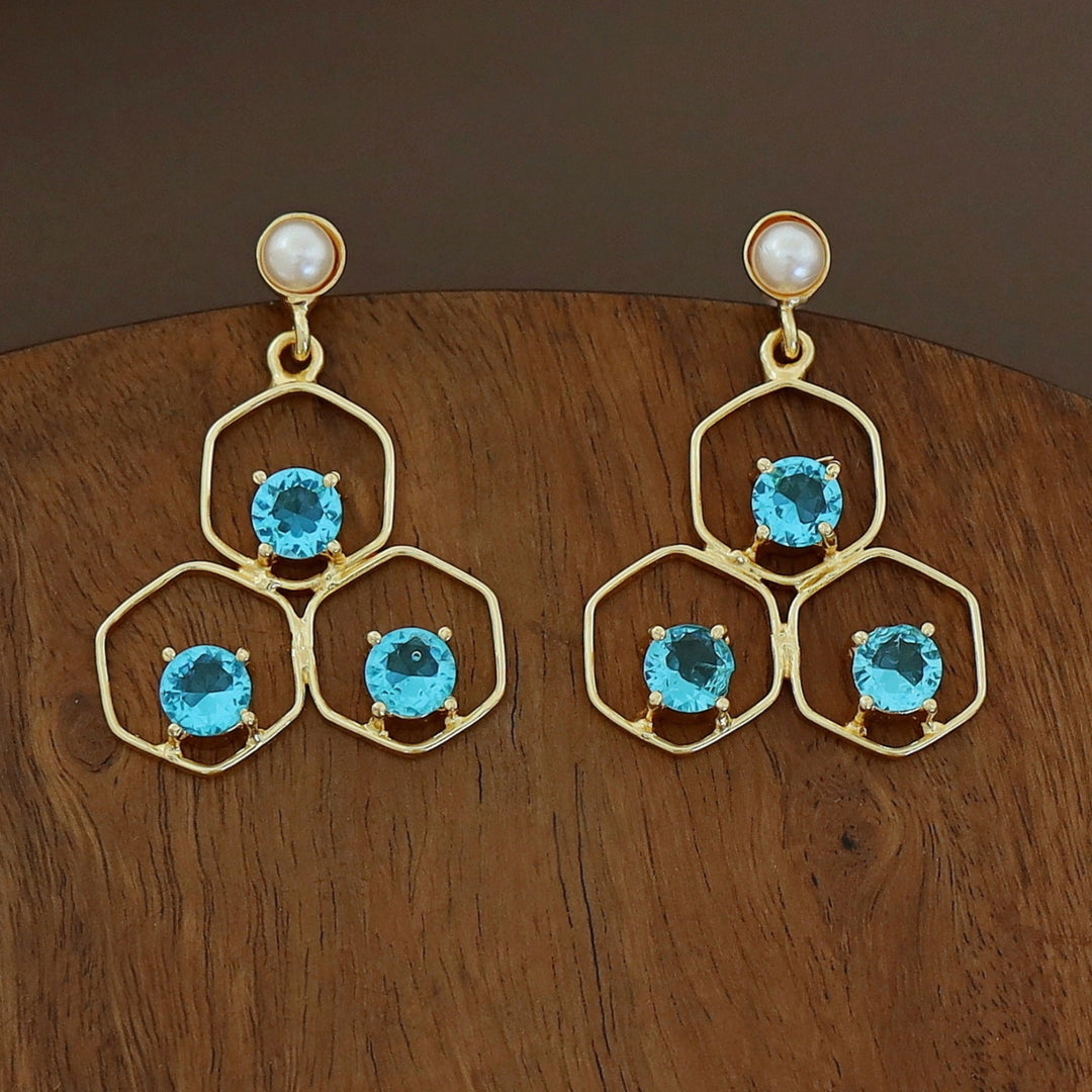 Golden Tri Hexagon Glossy Pearl Earring