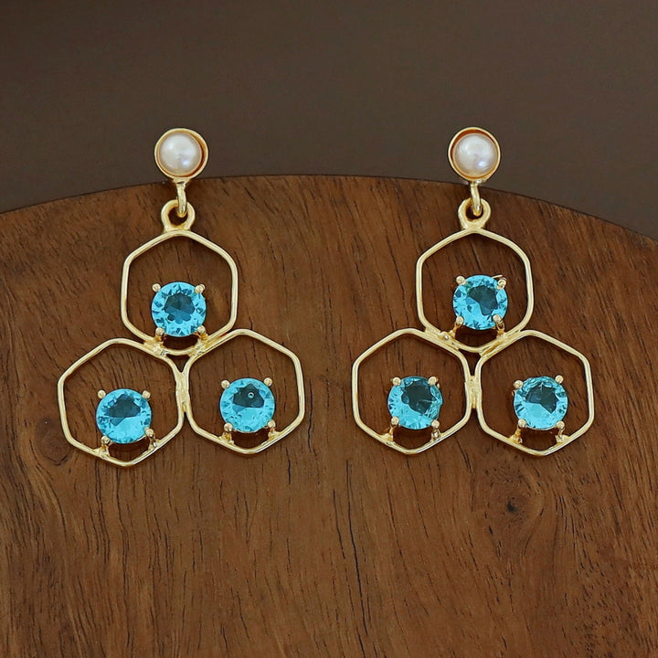 Golden Tri Hexagon Glossy Pearl Earring