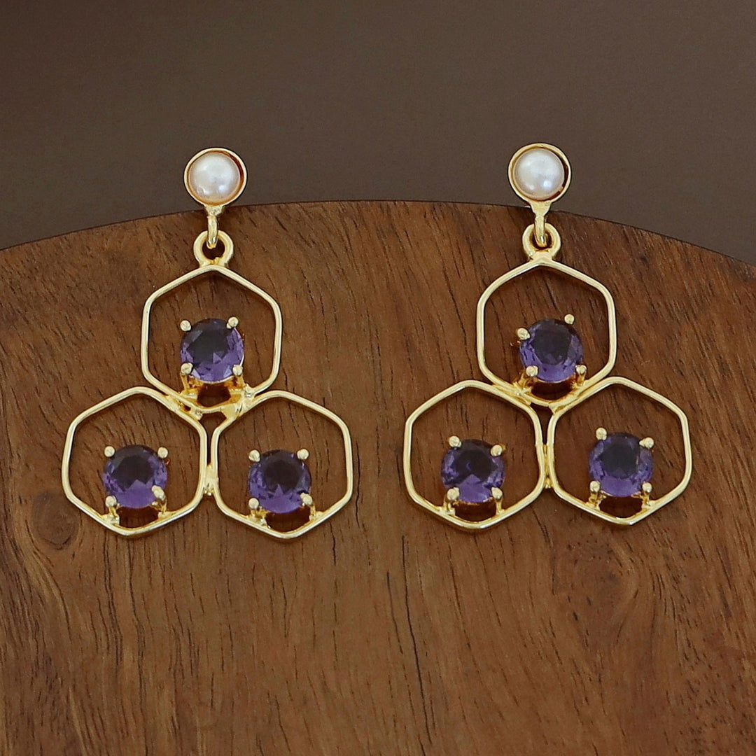 Golden Tri Hexagon Glossy Pearl Earring