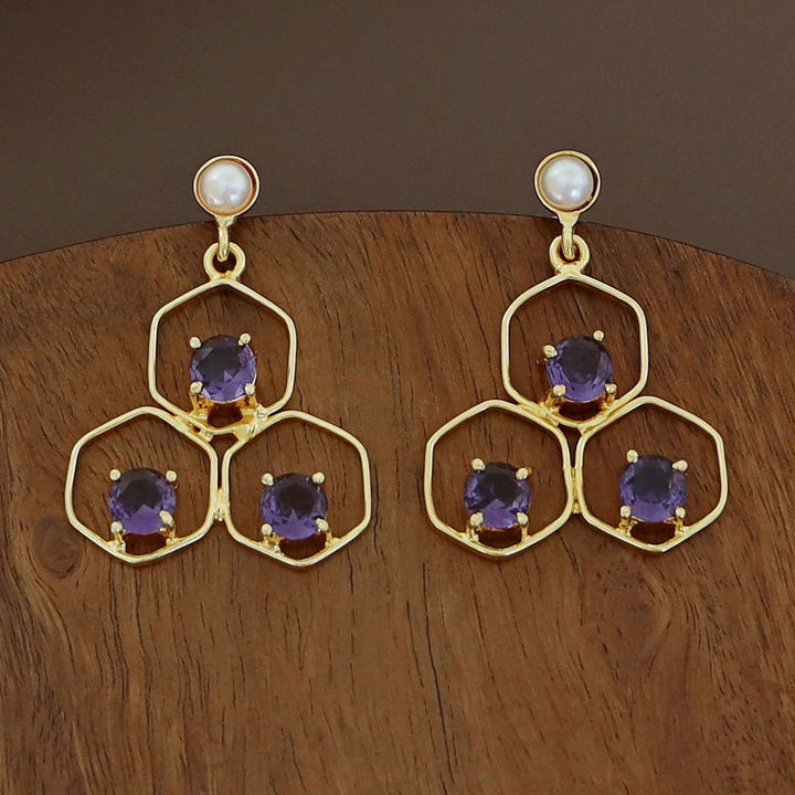 Golden Tri Hexagon Glossy Pearl Earring
