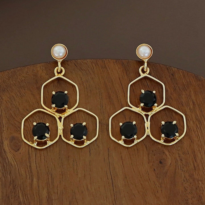 Golden Tri Hexagon Glossy Pearl Earring