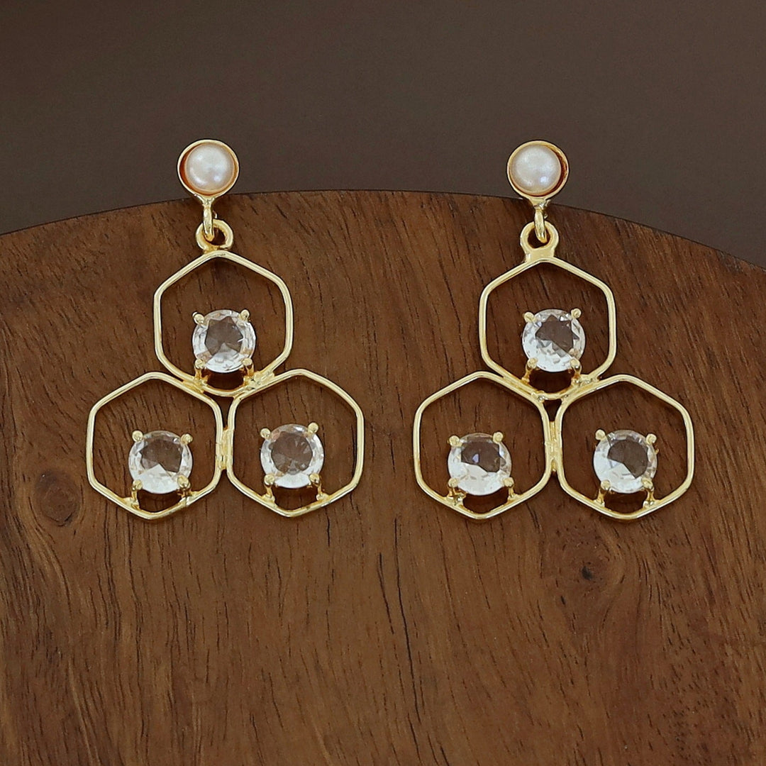 Golden Tri Hexagon Glossy Pearl Earring