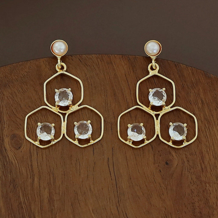 Golden Tri Hexagon Glossy Pearl Earring