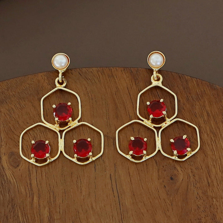 Golden Tri Hexagon Glossy Pearl Earring