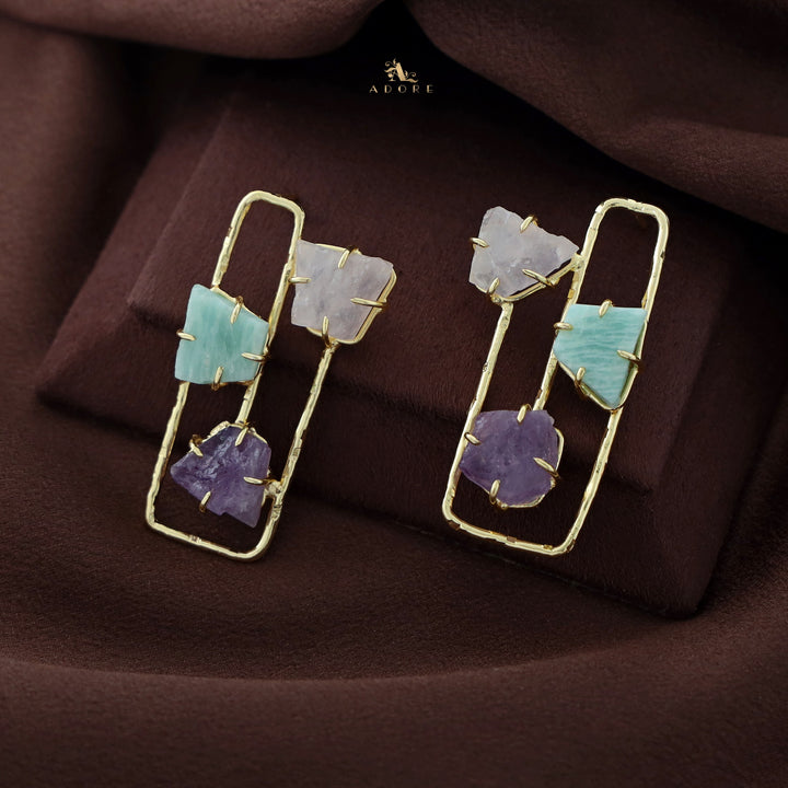 Golden Semi Rectangular Tri Raw Stone Earring