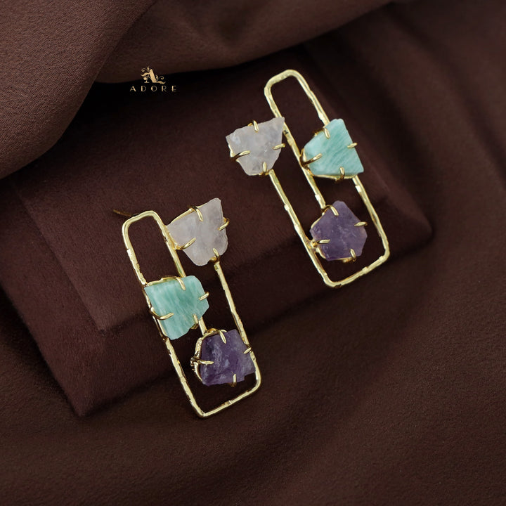 Golden Semi Rectangular Tri Raw Stone Earring