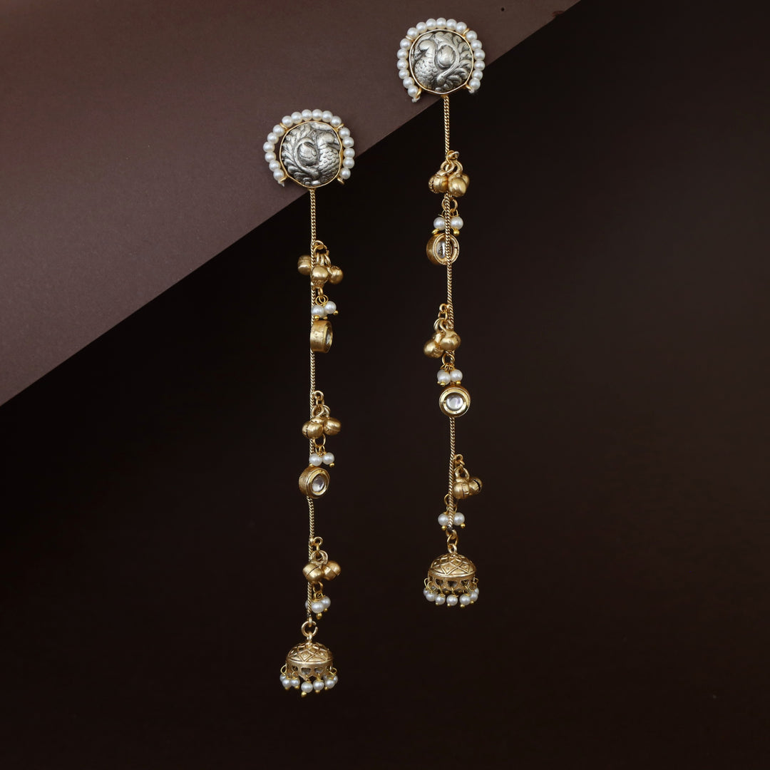 Mayura Kundan Pearl Dual Tone Ghungroo Kashmiri Jhumka Earring