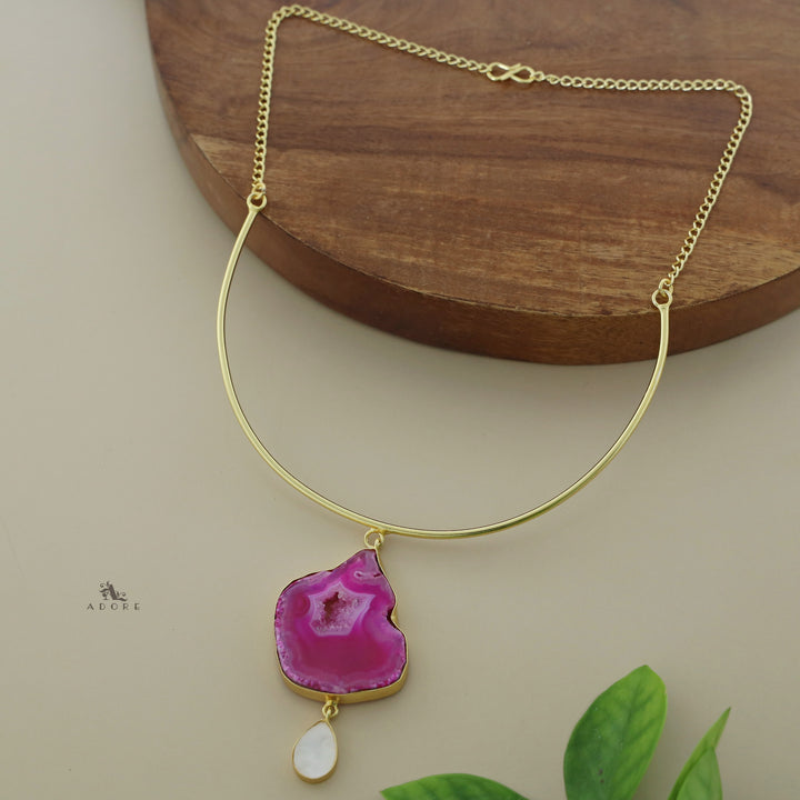 Golden Neck Cuff With Agate + Mop Pendant