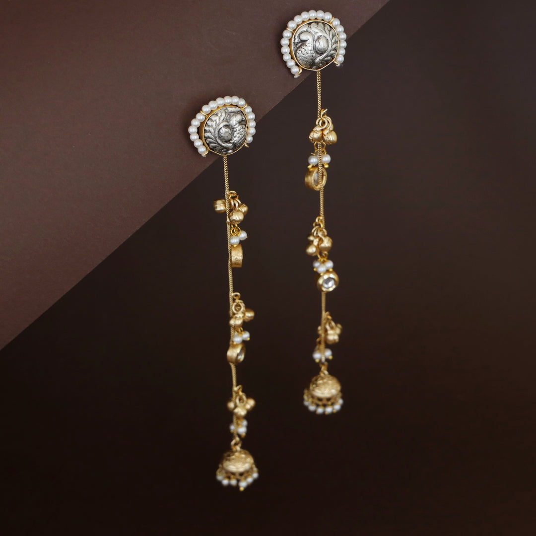 Mayura Kundan Pearl Dual Tone Ghungroo Kashmiri Jhumka Earring