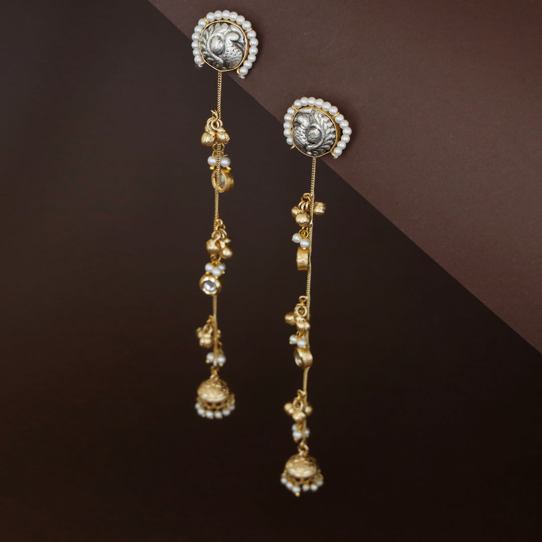 Mayura Kundan Pearl Dual Tone Ghungroo Kashmiri Jhumka Earring