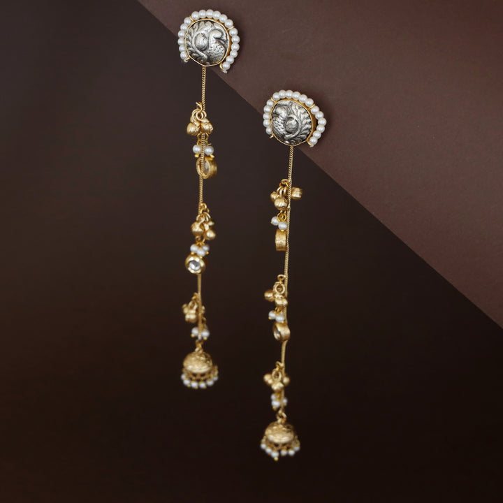 Mayura Kundan Pearl Dual Tone Ghungroo Kashmiri Jhumka Earring