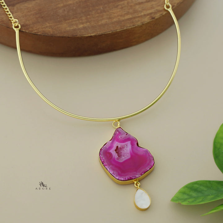 Golden Neck Cuff With Agate + Mop Pendant