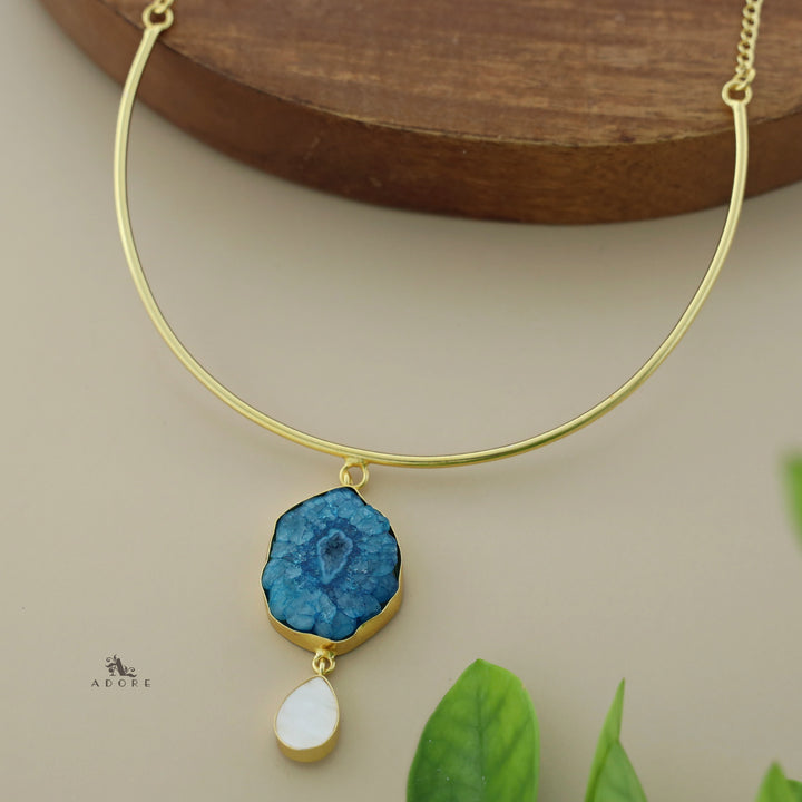 Golden Neck Cuff With Agate + Mop Pendant