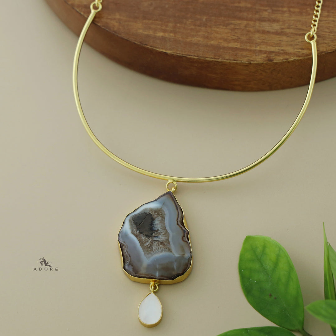 Golden Neck Cuff With Agate + Mop Pendant