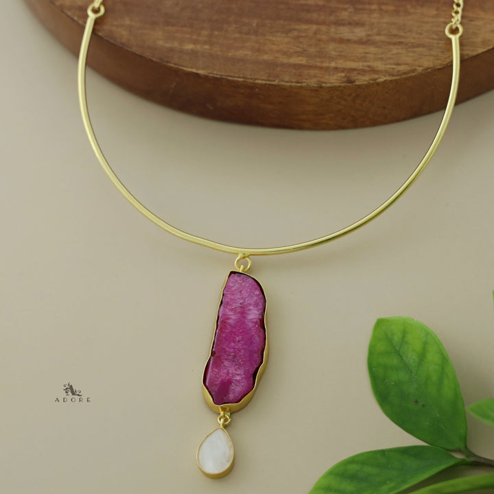 Golden Neck Cuff With Agate + Mop Pendant