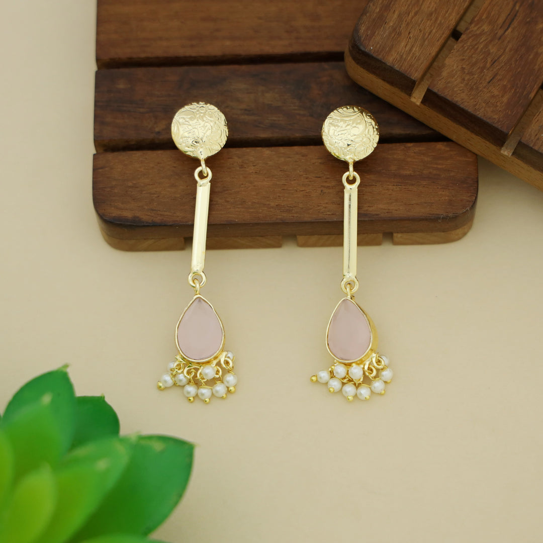 Golden Circle Pendulum Drop Glossy Stone Pearl Earring