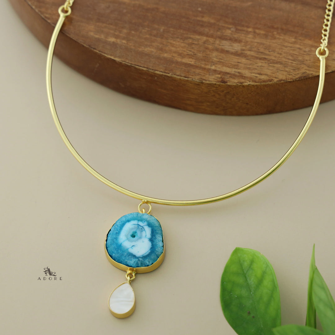 Golden Neck Cuff With Agate + Mop Pendant