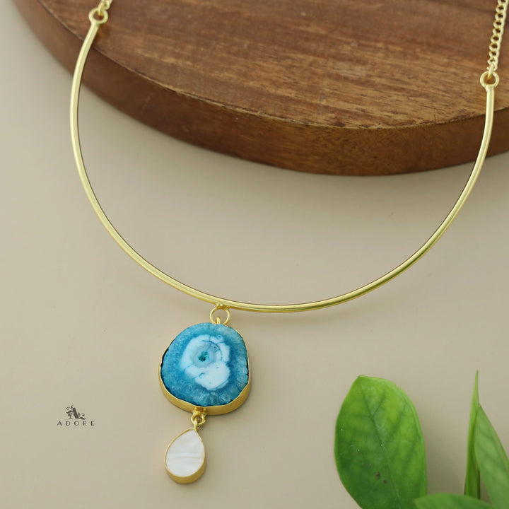 Golden Neck Cuff With Agate + Mop Pendant