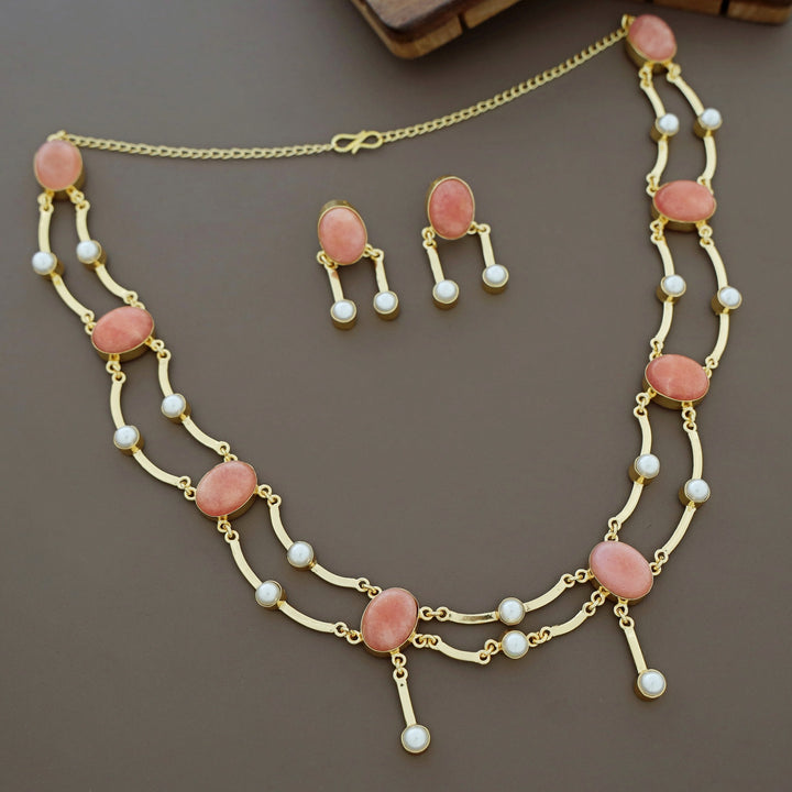 Kesia 2 Layer Natural Stone Pearl Neckpiece With Earring